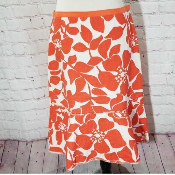 J Crew Orange and White Floral Linen Skirt - Picture 1 of 7